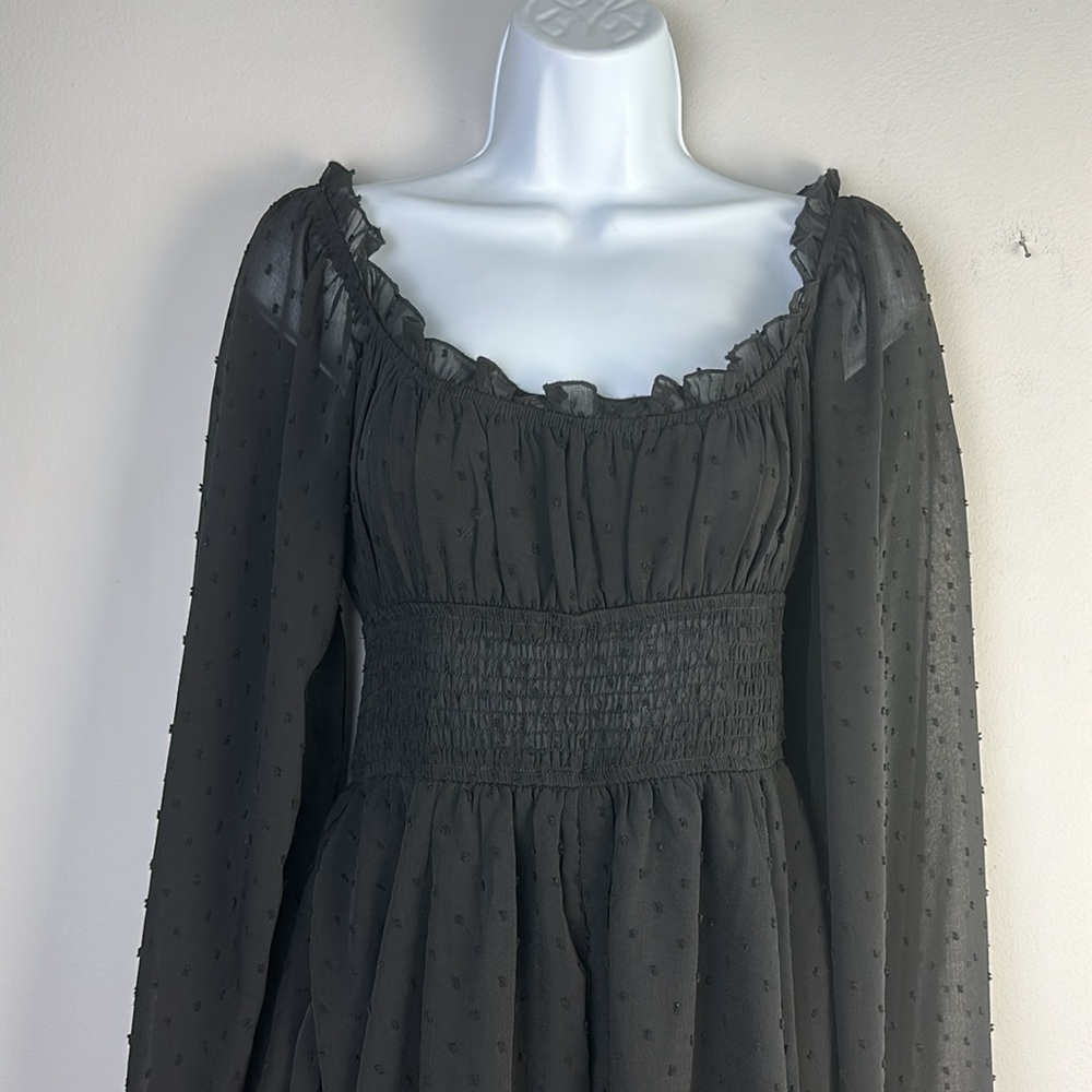 Urban Outfitters Rosie Clip Dot Smocked Long Sleeve Romper SM Black Fairygoth - Picture 5 of 16